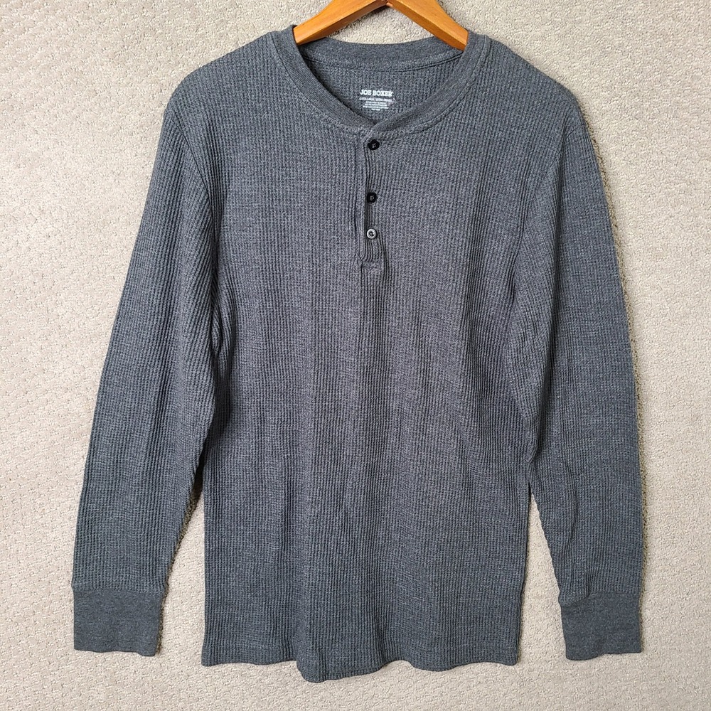 Joe Boxer Shirt Mens XL Gray Henley Waffle Knit Cotton Blend Long Sleeve Casual